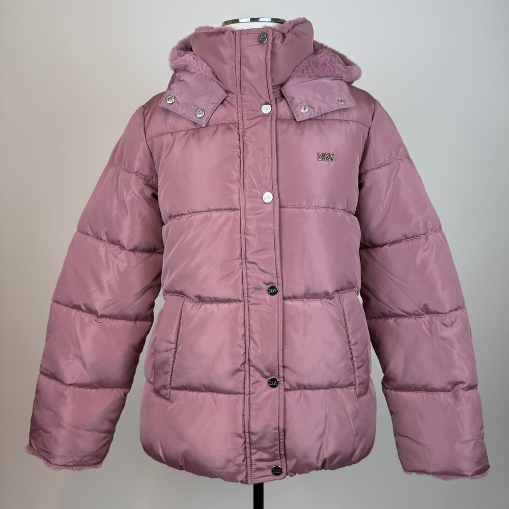 NWT DKNY Mauve Puffer Jacket Winter Coat Girls Size Large 14/16 Faux Fur Trim
